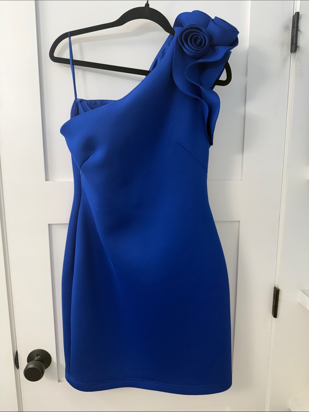 Eliza J One-Shoulder Cobalt Blue Dress with Rosette Shoulder